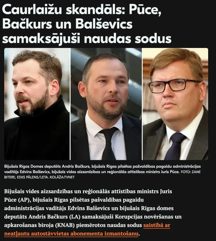 TVNET virsraksts “Caurlaižu skandāls: Pūce, Bačkurs un Balševics samaksājuši naudas sodus” ar trīs vīriešu portretiem.