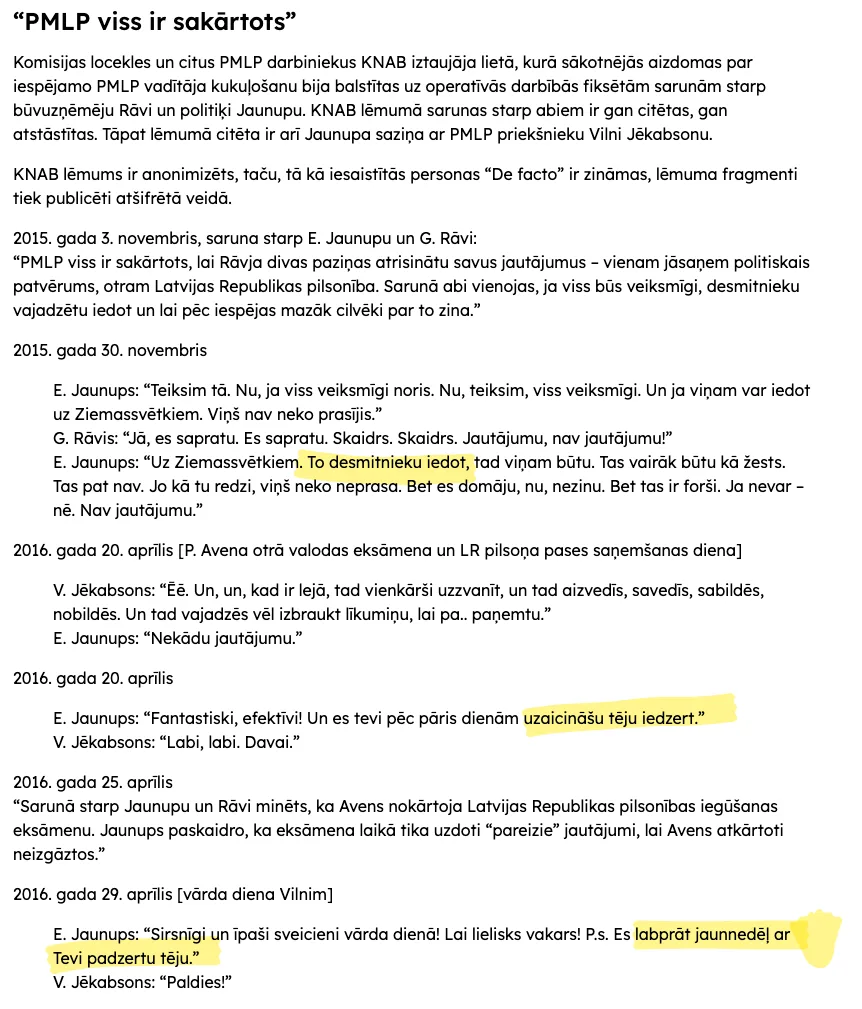 De facto publicētie KNAB lēmuma fragmenti: Jaunupa un Rāvja sarunas 2015. gada novembrī par “desmitnieku”, Jaunupa saziņa ar PMLP priekšnieku 2016. gada aprīlī (“Fantastiski, efektīvi!”, “uzaicināšu tēju iedzert”).