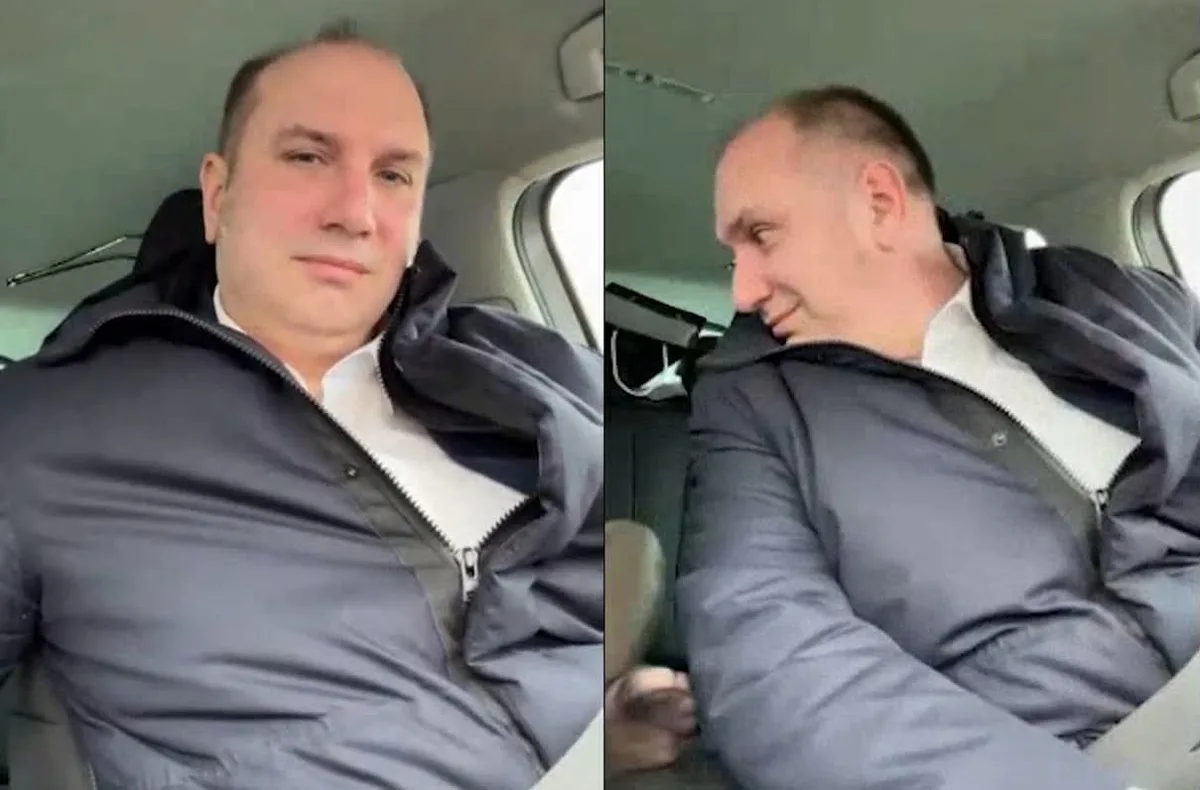Divi kadri no domes komitejas sēdes video: Madars Lasmanis automašīnas salonā, otrajā kadrā pagriezies uz blakus sēdekli.